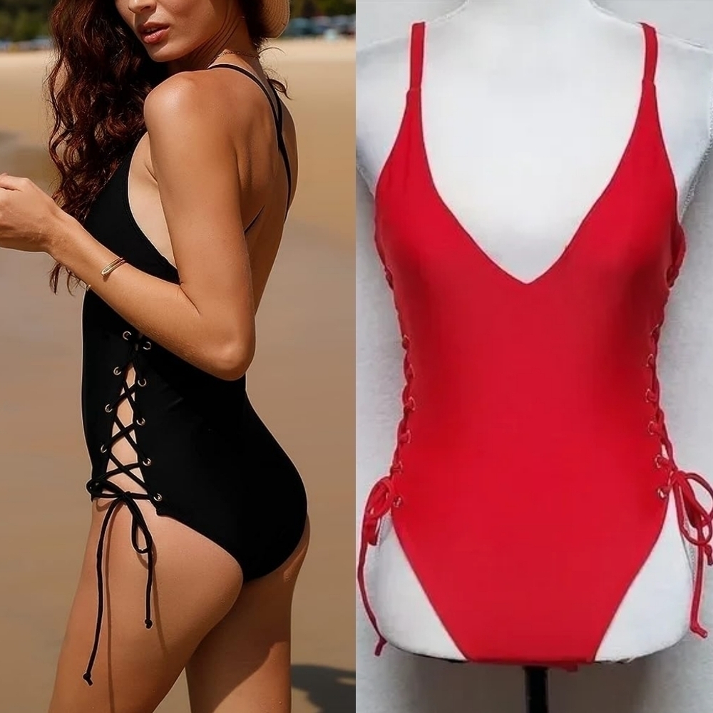 Revamped by Sirens Women's Red Lace-up Racerback Plunging Neckline Swimsuit S